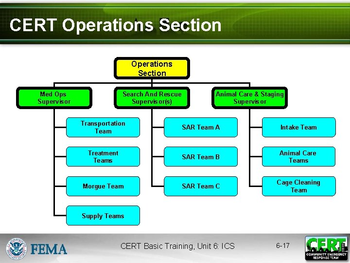 CERT Operations Section Med Ops Supervisor Search And Rescue Supervisor(s) Animal Care & Staging