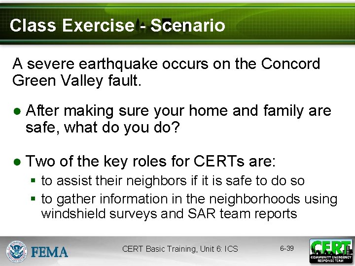 Class Exercise - Scenario A severe earthquake occurs on the Concord Green Valley fault.