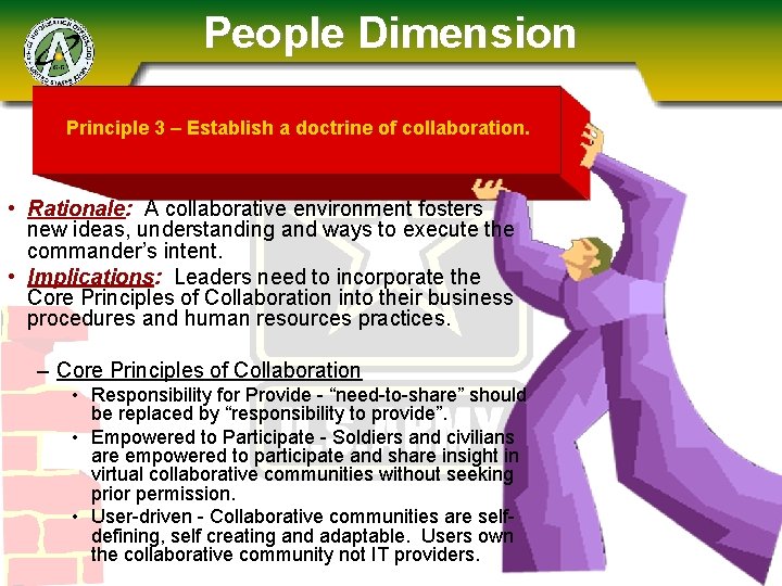 People Dimension Principle 3 – Establish a doctrine of collaboration. • Rationale: A collaborative