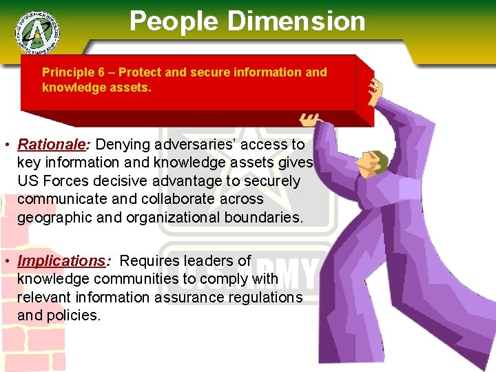 People Dimension Principle 6 – Protect and secure information and knowledge assets. • Rationale: