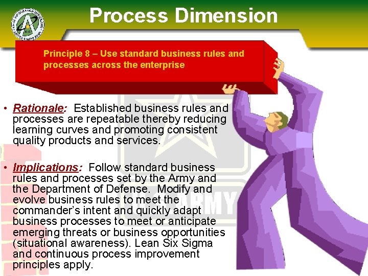 Process Dimension Principle 8 – Use standard business rules and processes across the enterprise
