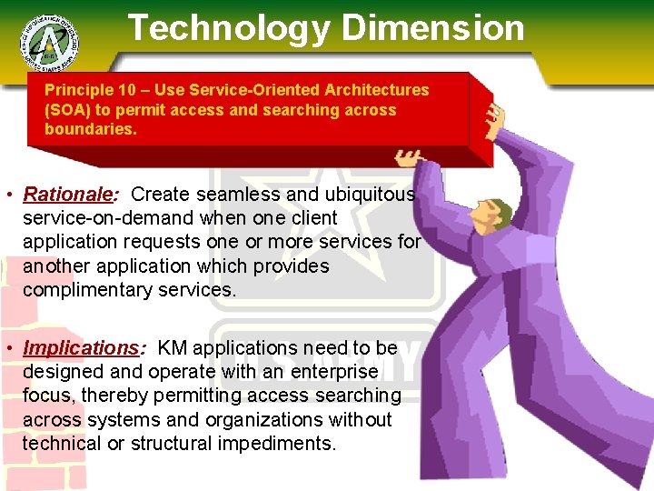 Technology Dimension Principle 10 – Use Service-Oriented Architectures (SOA) to permit access and searching