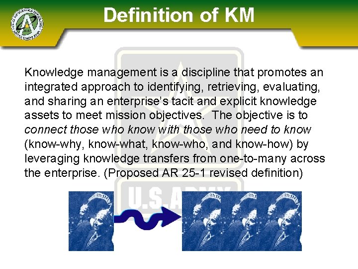 Definition of KM Knowledge management is a discipline that promotes an integrated approach to