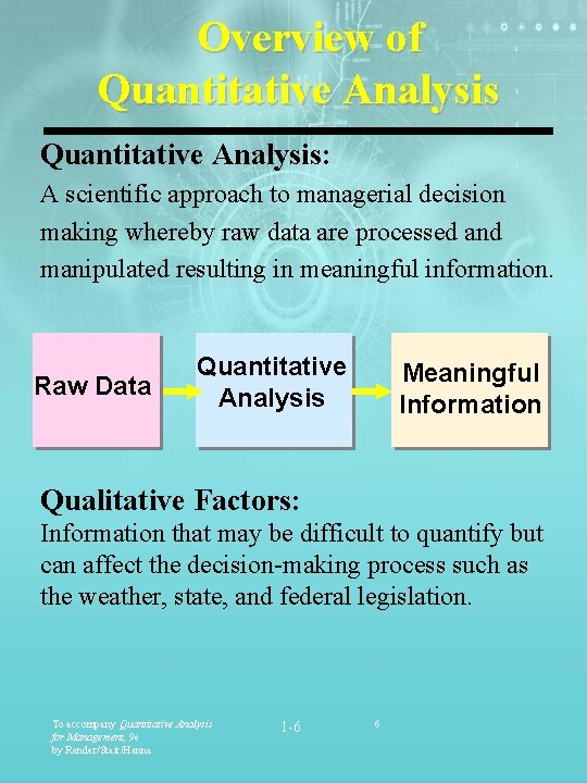 Overview of Quantitative Analysis: A scientific approach to managerial decision making whereby raw data