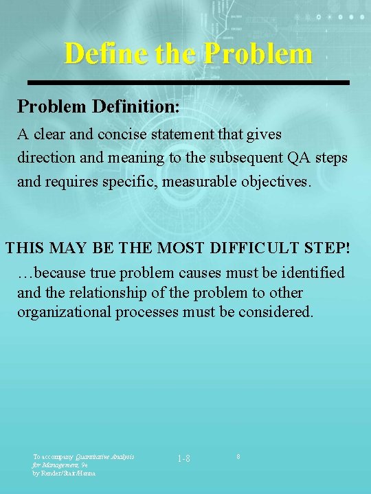 Define the Problem Definition: A clear and concise statement that gives direction and meaning