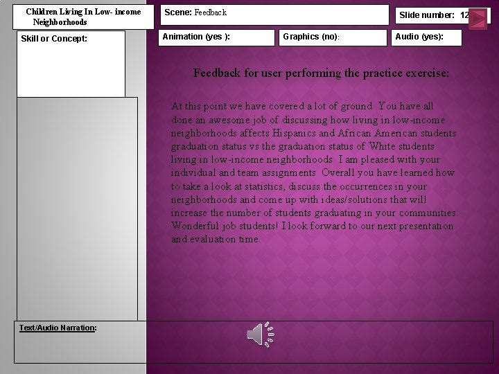 Children Living In Low- income Neighborhoods Skill or Concept: Scene: Feedback Animation (yes ):