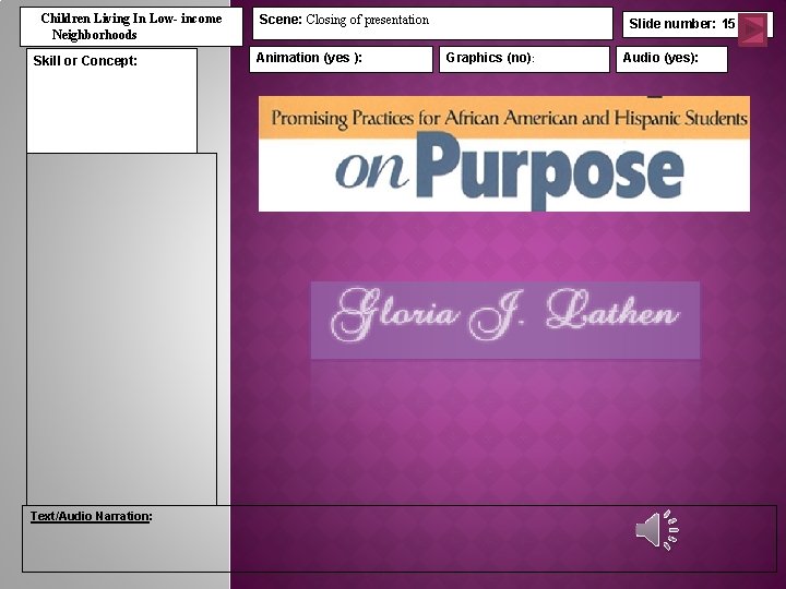 Children Living In Low- income Neighborhoods Skill or Concept: Text/Audio Narration: Scene: Closing of
