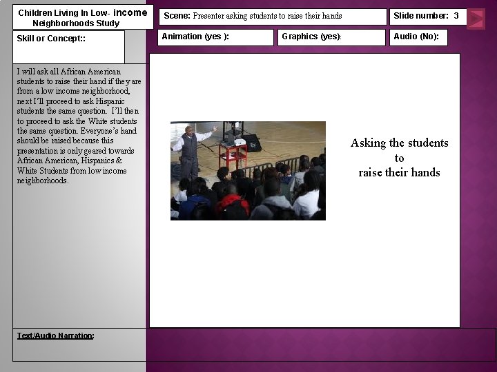 Children Living In Low- income Neighborhoods Study Scene: Presenter asking students to raise their