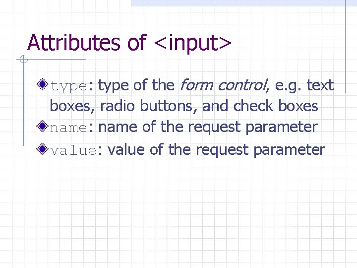 Attributes of <input> type: type of the form control, e. g. text boxes, radio