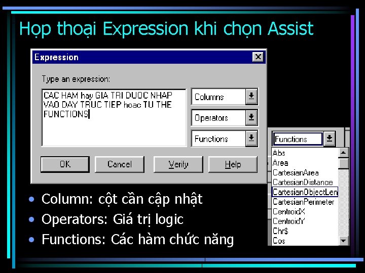 Họp thoại Expression khi chọn Assist • Column: cột cần cập nhật • Operators: