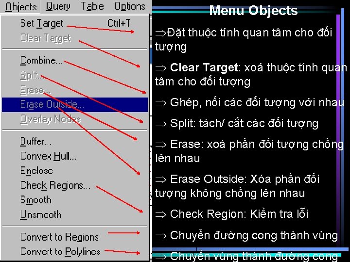 Menu Objects ÞĐặt thuộc tính quan tâm cho đối tượng Þ Clear Target: xoá