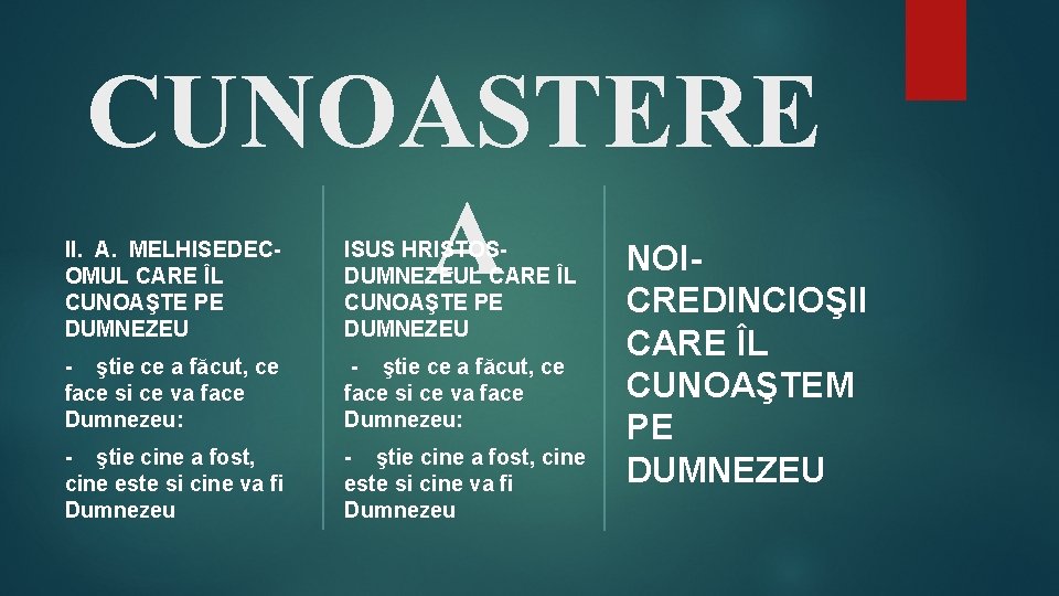 CUNOASTERE A II. A. MELHISEDECOMUL CARE ÎL CUNOAŞTE PE DUMNEZEU ISUS HRISTOSDUMNEZEUL CARE ÎL