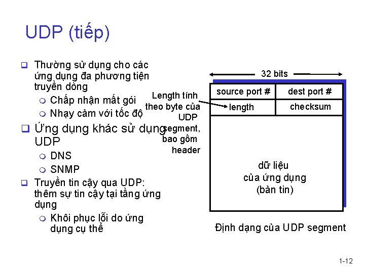 UDP (tiếp) q Thường sử dụng cho các ứng dụng đa phương tiện truyền