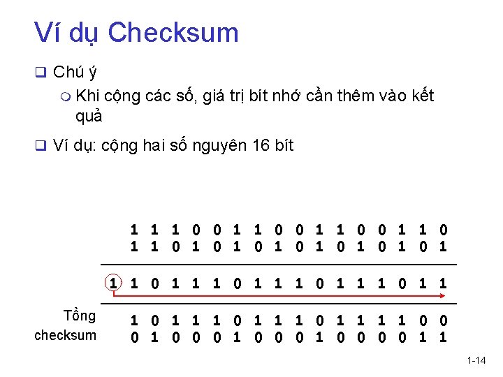 Ví dụ Checksum q Chú ý m Khi cộng các số, giá trị bít