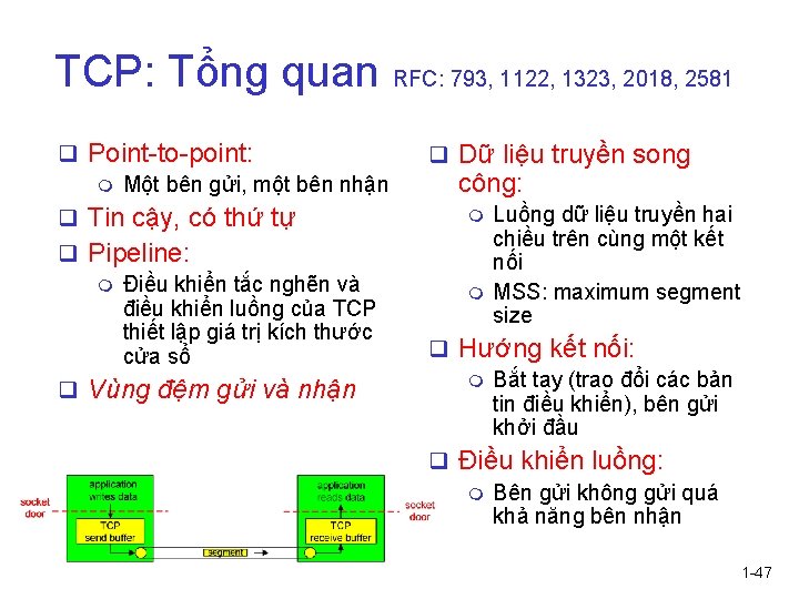 TCP: Tổng quan RFC: 793, 1122, 1323, 2018, 2581 q Point-to-point: m Một bên