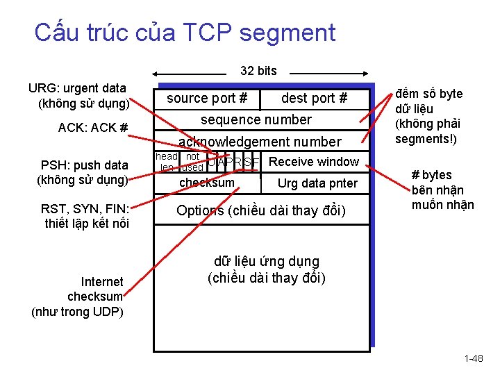 Cấu trúc của TCP segment 32 bits URG: urgent data (không sử dụng) ACK: