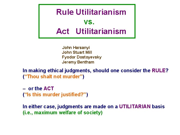 Rule Utilitarianism vs. Act Utilitarianism John Harsanyi John Stuart Mill Fyodor Dostoyevsky Jeremy Bentham Rule Utilitarianism vs. Act Utilitarianism John Harsanyi John Stuart Mill Fyodor Dostoyevsky Jeremy Bentham