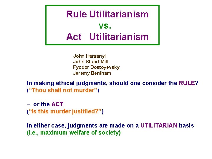 Rule Utilitarianism vs. Act Utilitarianism John Harsanyi John Stuart Mill Fyodor Dostoyevsky Jeremy Bentham