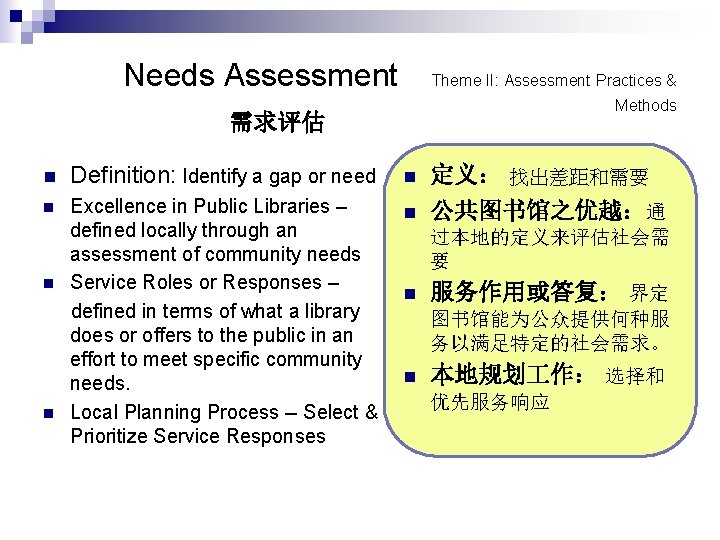 Needs Assessment Theme II: Assessment Practices & Methods 需求评估 n Definition: Identify a gap
