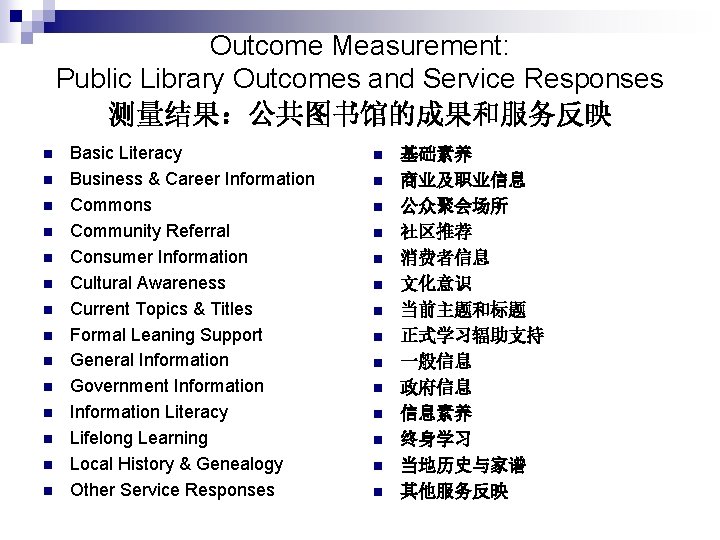 Outcome Measurement: Public Library Outcomes and Service Responses 测量结果：公共图书馆的成果和服务反映 n n n n Basic