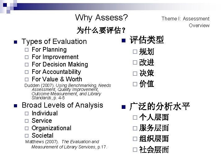 Why Assess? n 为什么要评估？ n 评估类型 Types of Evaluation ¨ For Planning ¨ 规划