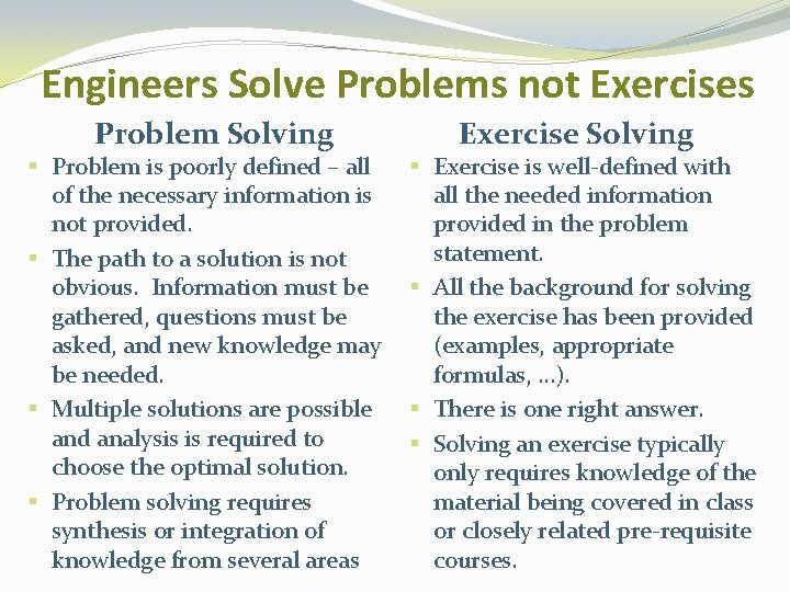 Engineers Solve Problems not Exercises Problem Solving § Problem is poorly defined – all