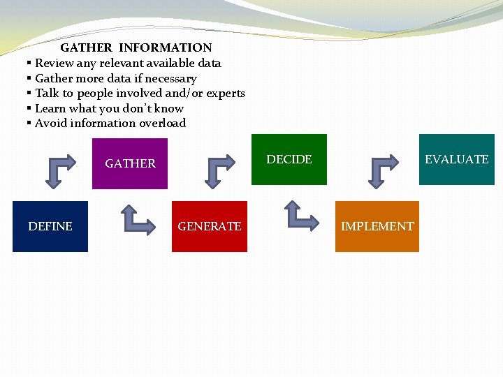 GATHER INFORMATION § Review any relevant available data § Gather more data if necessary
