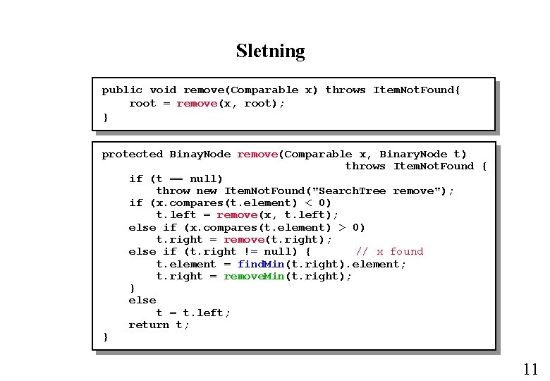Sletning public void remove(Comparable x) throws Item. Not. Found{ root = remove(x, root); }