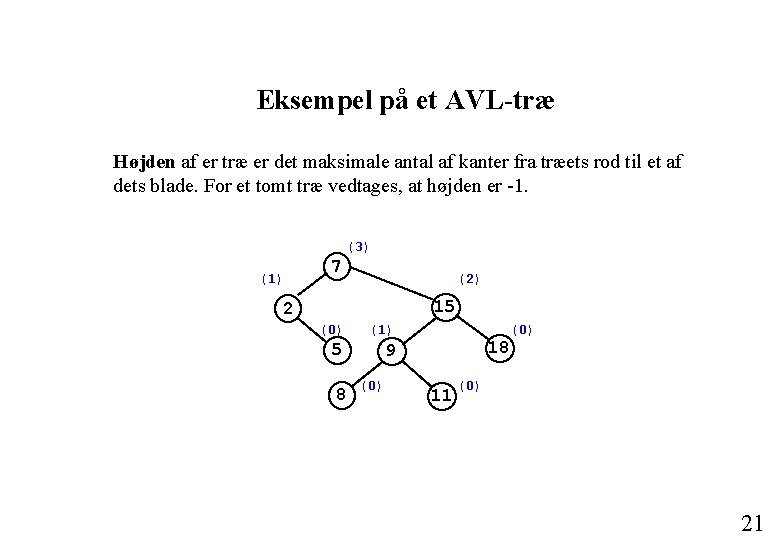 Eksempel på et AVL-træ Højden af er træ er det maksimale antal af kanter