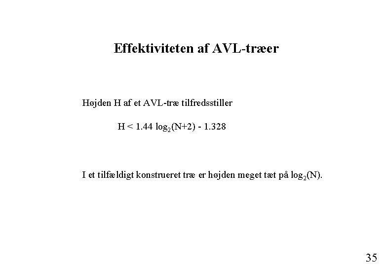 Effektiviteten af AVL-træer Højden H af et AVL-træ tilfredsstiller H < 1. 44 log