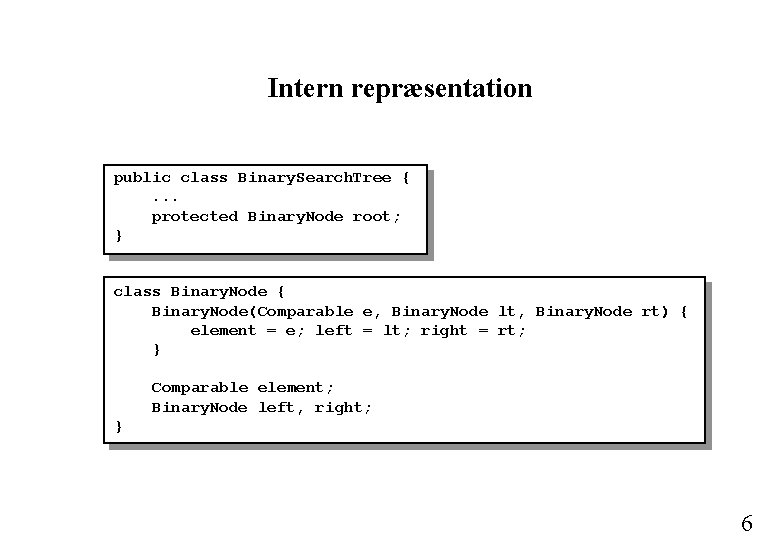 Intern repræsentation public class Binary. Search. Tree {. . . protected Binary. Node root;