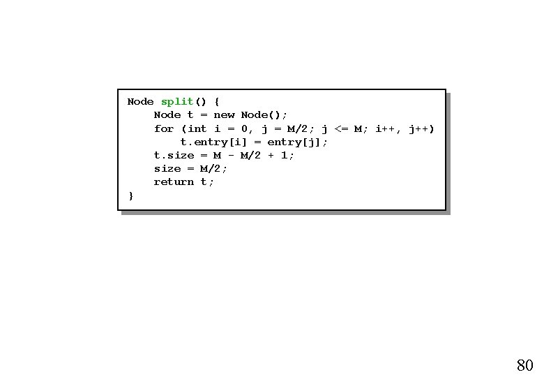 Node split() { Node t = new Node(); for (int i = 0, j