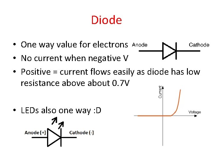 Diode • One way value for electrons • No current when negative V •