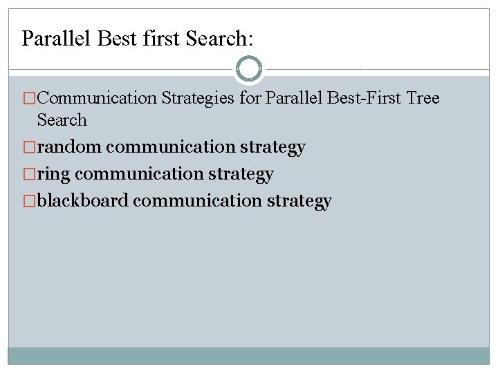 Parallel Best first Search: �Communication Strategies for Parallel Best-First Tree Search �random communication strategy Parallel Best first Search: �Communication Strategies for Parallel Best-First Tree Search �random communication strategy
