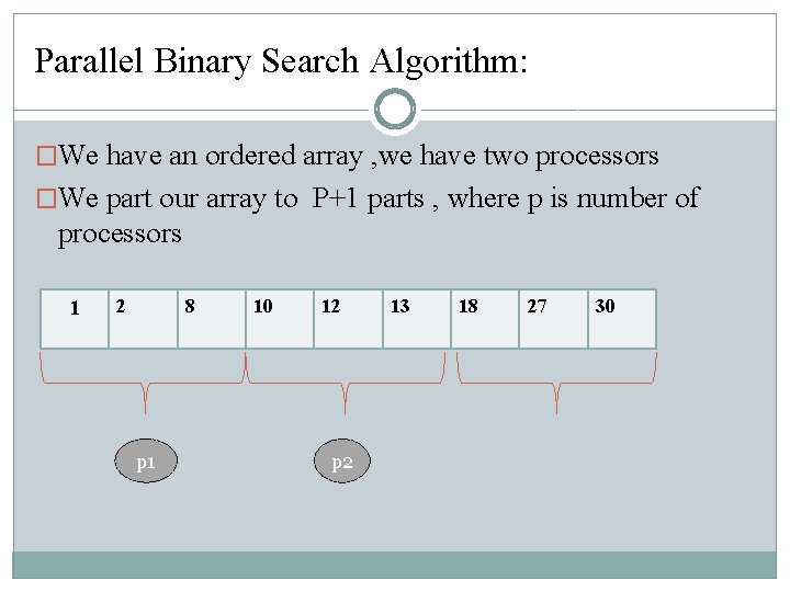 Parallel Binary Search Algorithm: �We have an ordered array , we have two processors Parallel Binary Search Algorithm: �We have an ordered array , we have two processors