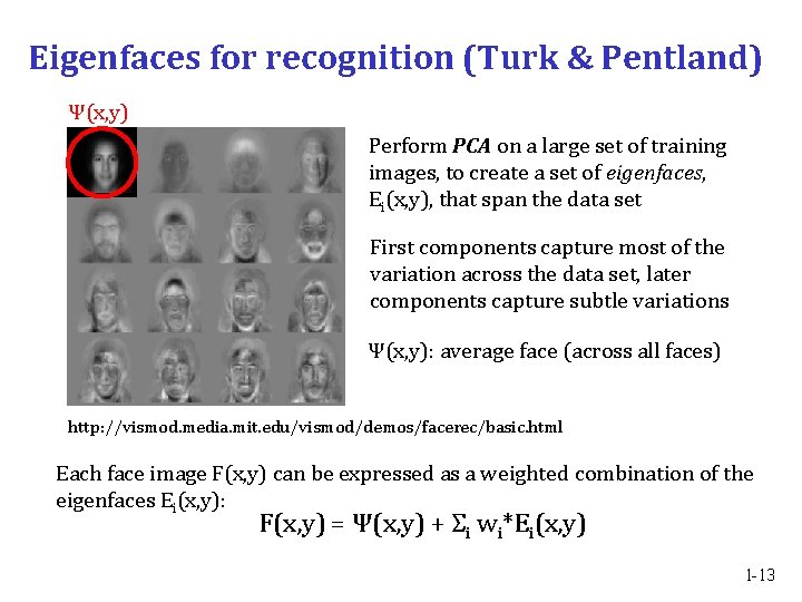 Eigenfaces for recognition (Turk & Pentland) Ψ(x, y) Perform PCA on a large set