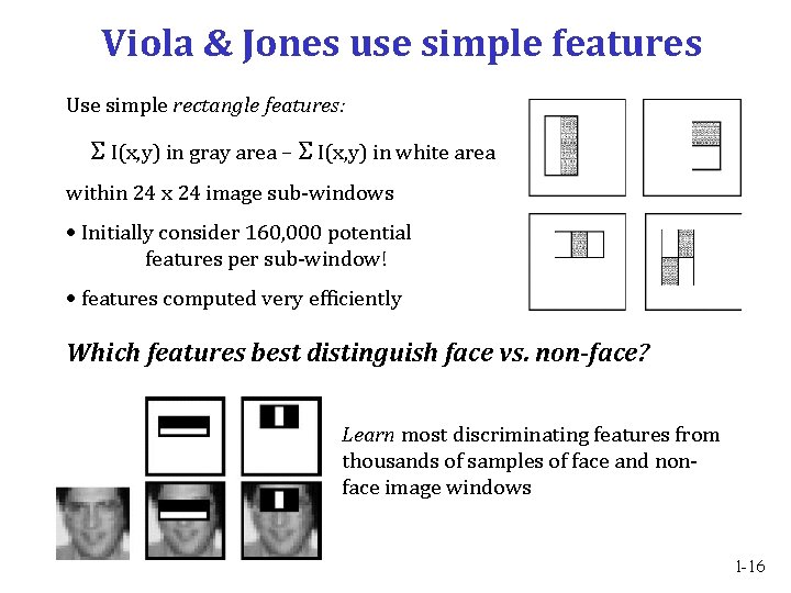 Viola & Jones use simple features Use simple rectangle features: Σ I(x, y) in