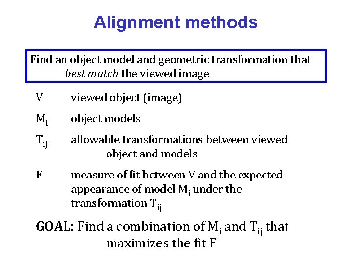 Alignment methods Find an object model and geometric transformation that best match the viewed