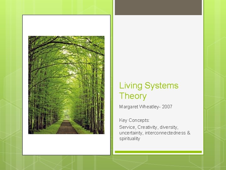 Living Systems Theory Margaret Wheatley- 2007 Key Concepts: Service, Creativity, diversity, uncertainty, interconnectedness &