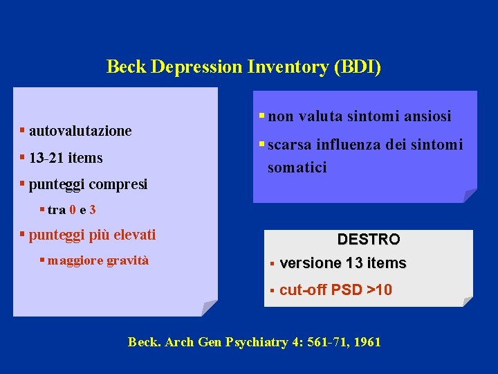Beck Depression Inventory (BDI) § autovalutazione § 13 -21 items § punteggi compresi §