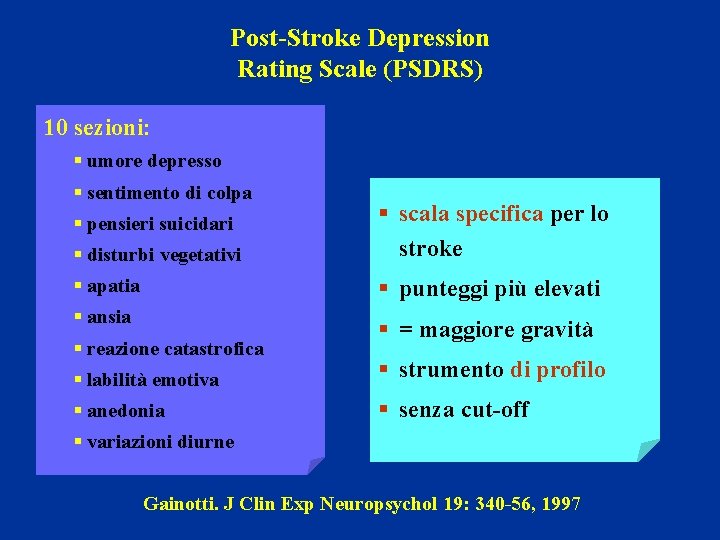 Post-Stroke Depression Rating Scale (PSDRS) 10 sezioni: § umore depresso § sentimento di colpa
