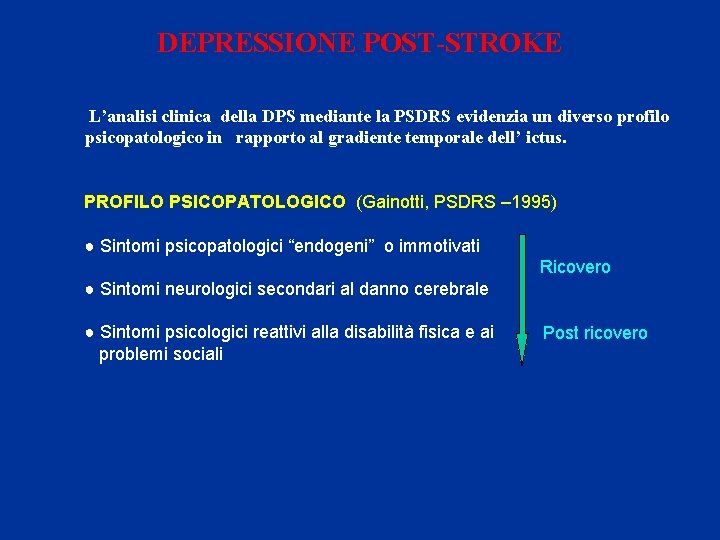 DEPRESSIONE POST-STROKE L’analisi clinica della DPS mediante la PSDRS evidenzia un diverso profilo psicopatologico