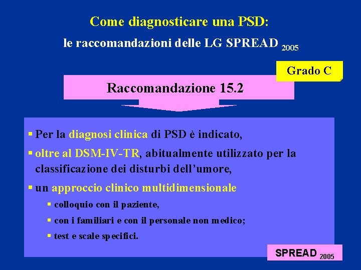 Come diagnosticare una PSD: le raccomandazioni delle LG SPREAD 2005 Grado C Raccomandazione 15.