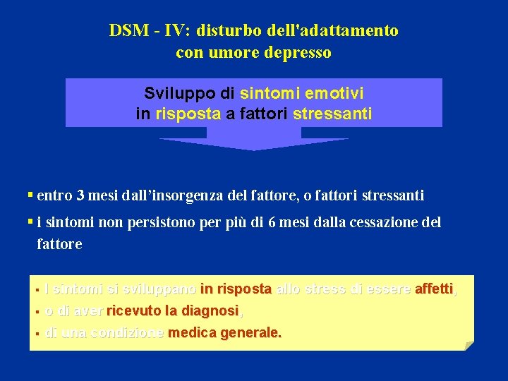 DSM - IV: disturbo dell'adattamento con umore depresso Sviluppo di sintomi emotivi in risposta