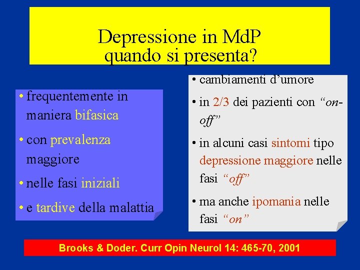 Depressione in Md. P quando si presenta? • cambiamenti d’umore • frequentemente in maniera