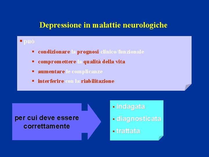 Depressione in malattie neurologiche § può § condizionare la prognosi clinico/funzionale § compromettere la