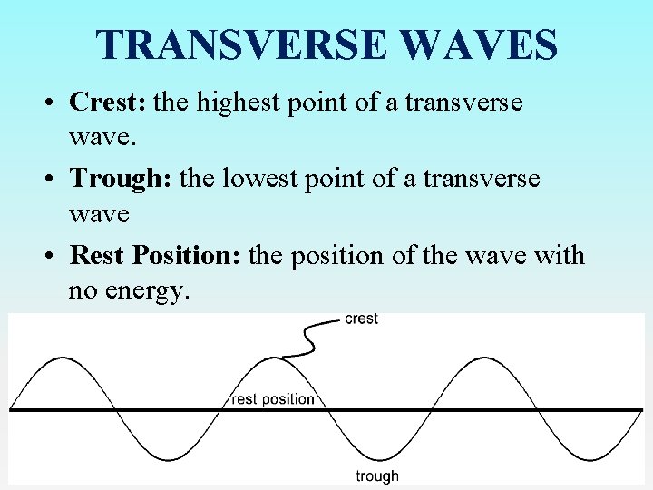 TRANSVERSE WAVES • Crest: the highest point of a transverse wave. • Trough: the