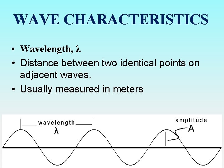 WAVE CHARACTERISTICS • Wavelength, λ • Distance between two identical points on adjacent waves.