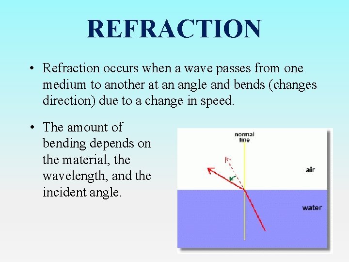 REFRACTION • Refraction occurs when a wave passes from one medium to another at