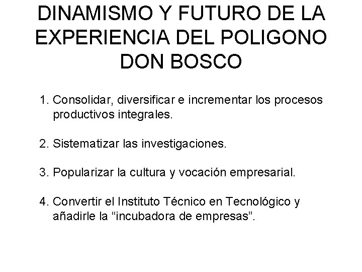 DINAMISMO Y FUTURO DE LA EXPERIENCIA DEL POLIGONO DON BOSCO 1. Consolidar, diversificar e